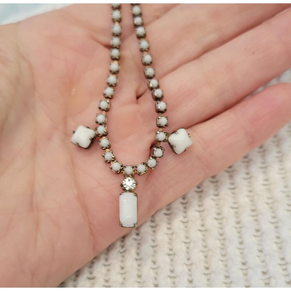 1950s White Milk Glass & Rhinestone Choker Necklace — Mid-Century Glamour